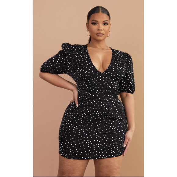 PLT PLUS BLACK POLKA DOT PUFF SLEEVE TEA DRESS - Picture 3 of 5
